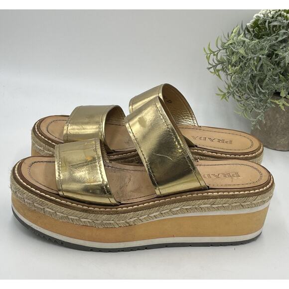 Prada Designer Gold Metallic Leather Espadrille Platform 2.5" Sandals Sz 39/8.5 - Picture 3 of 10